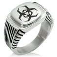 thumbnail image 1 of Stainless Steel Biohazard Malware CZ Ribbed Needle Stripe Pattern Biker Style Polished Ring, 1 of 1