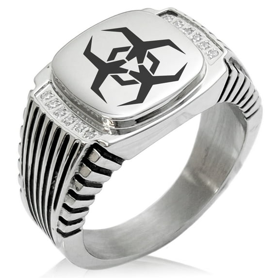 Stainless Steel Biohazard Malware CZ Ribbed Needle Stripe Pattern Biker Style Polished Ring