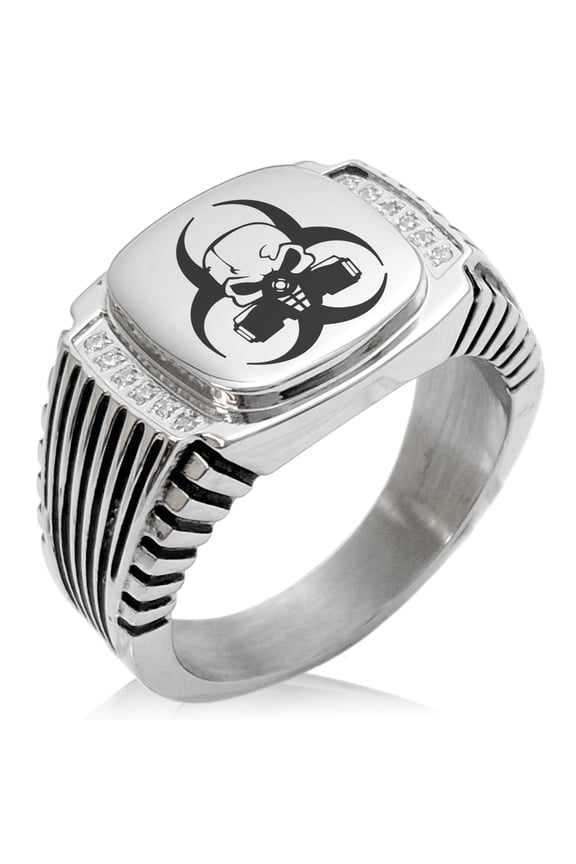 Stainless Steel Biohazard Skull CZ Ribbed Needle Stripe Pattern Biker Style Polished Ring