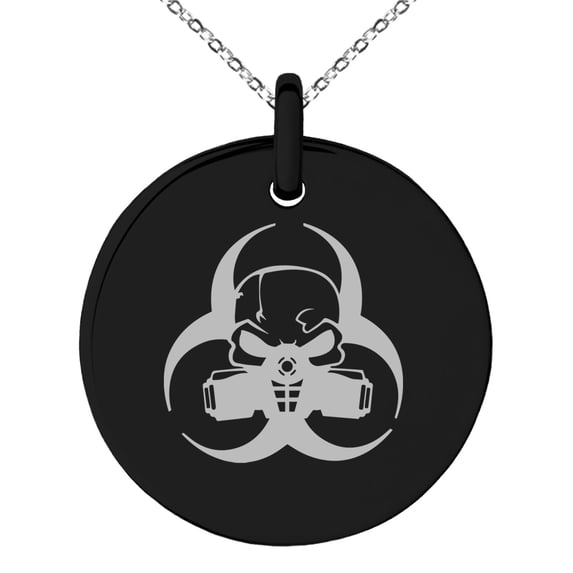 Stainless Steel Biohazard Skull Engraved Small Medallion Circle Charm Pendant Necklace