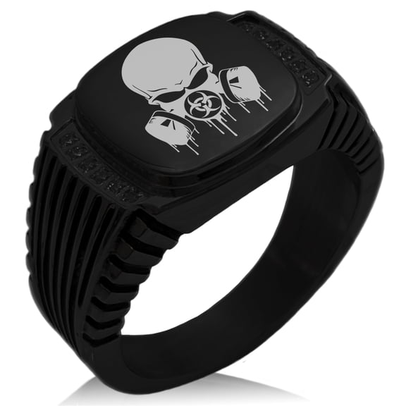 Stainless Steel Biohazard Skull Gas Mask CZ Ribbed Needle Stripe Pattern Biker Style Polished Ring