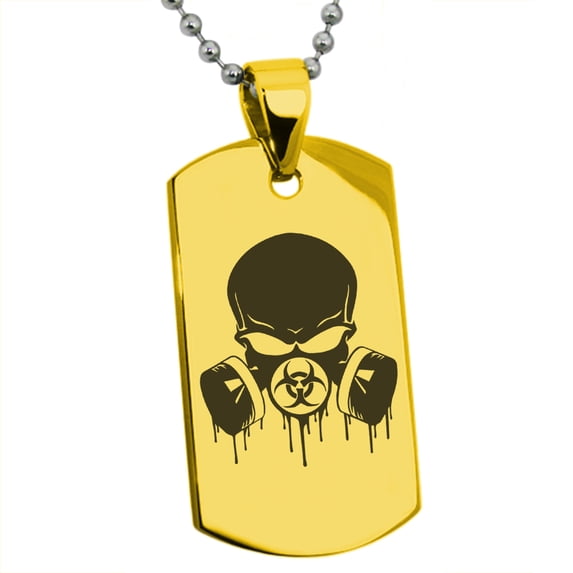 Stainless Steel Biohazard Skull Gas Mask Engraved Dog Tag Pendant Necklace
