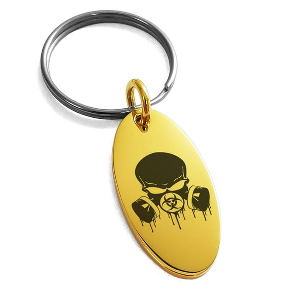 Tioneer Stainless Steel Biohazard Skull Gas Mask Engraved Small Oval Charm Keychain Keyring