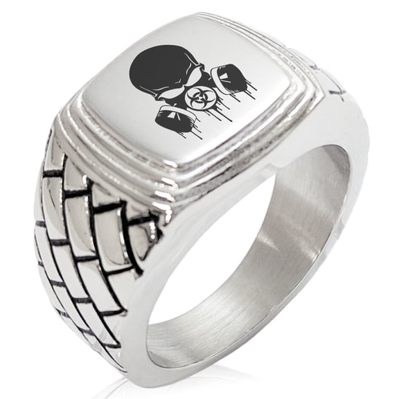 Tioneer Stainless Steel Biohazard Skull Gas Mask Geometric Pattern Step-Down Biker Style Polished Ring