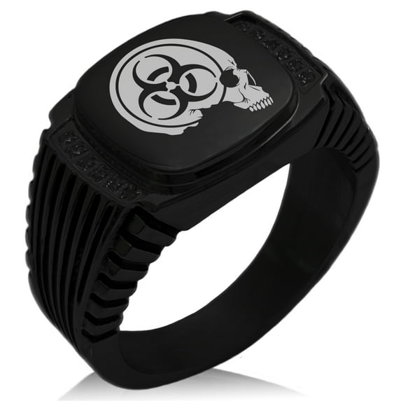 Tioneer Stainless Steel Biohazard Skull Zombie CZ Ribbed Needle Stripe Pattern Biker Style Polished Ring