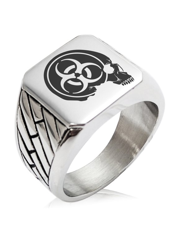 Stainless Steel Biohazard Skull Zombie Geometric Pattern Biker Style Polished Ring