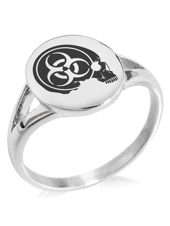 Stainless Steel Biohazard Skull Zombie Minimalist Oval Top Polished Statement Signet Ring