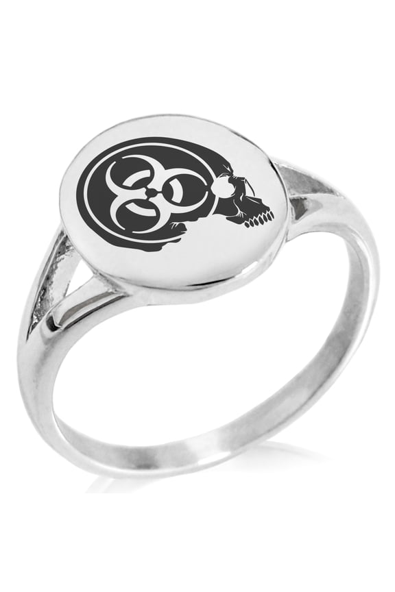 Stainless Steel Biohazard Skull Zombie Minimalist Oval Top Polished Statement Signet Ring