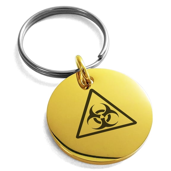 Stainless Steel Biohazard Triangle Engraved Small Medallion Circle Charm Keychain Keyring