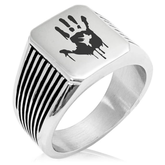 Stainless Steel Biohazard Zombie Hand Mark Needle Stripe Pattern Biker Style Polished Ring