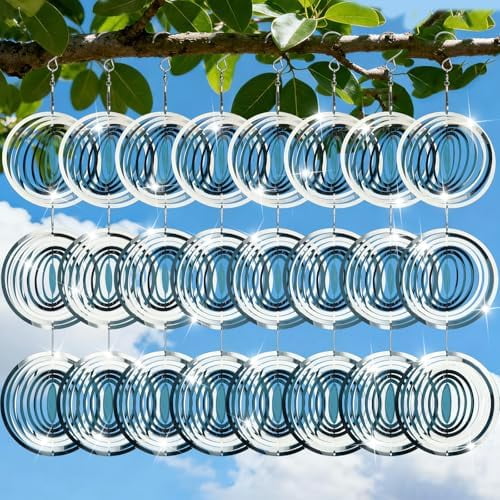 Stainless Steel Bird Deterrents for Outside - 24 Piece Highly Reflective Round 3D Mirror Bird Reflector 8 Set Super Shiny Metal Wind Spinner Keeps Swallows and Sparrows Away from Garden Porch Pool