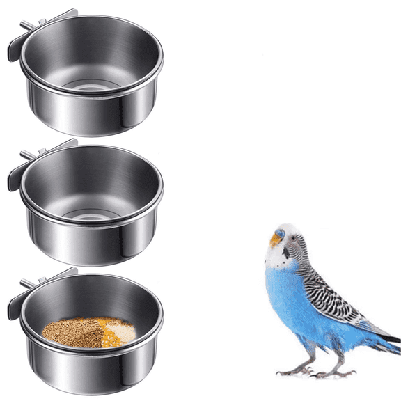 Stainless Steel Bird Water Feeder & Food Bowl 3 Pack with Clamp, Bird Cage Feeder Bowls for Parrot, Cockatiel, Hamster, Cat and Other Small Animals