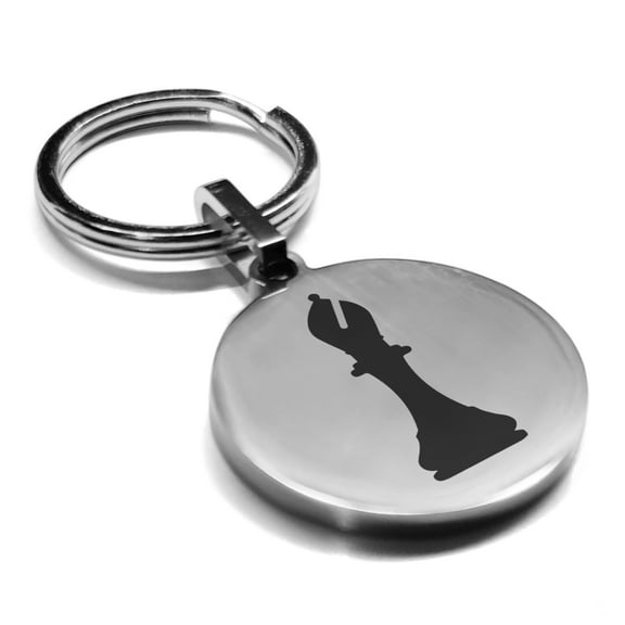 Stainless Steel Bishop Chess Piece Round Medallion Keychain Circle Ring