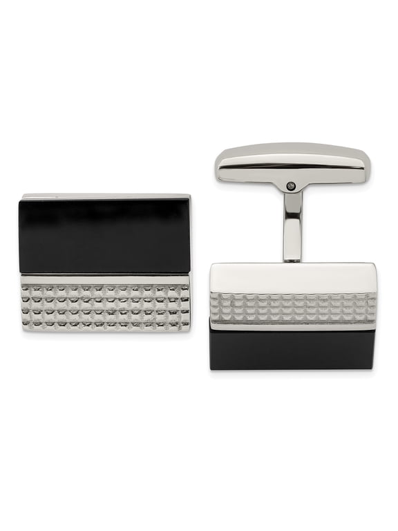 Stainless Steel Black Agate & Textured Cuff Links