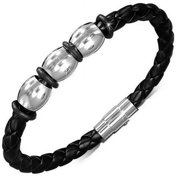 Stainless Steel Black Braided Faux PU Leather Silver-Tone Mens Womens Wristband Bracelet