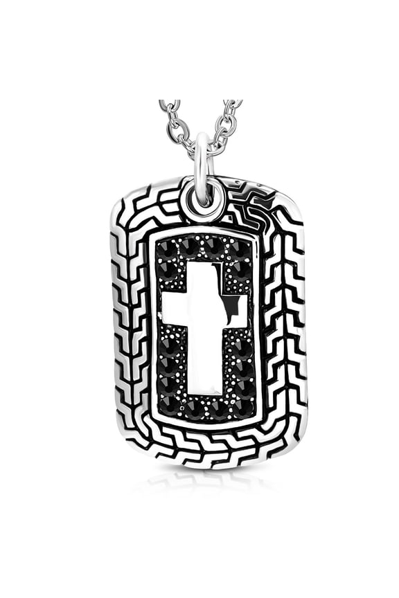 Stainless Steel Black CZ Cross Dog Tag Mens Pendant Necklace, 24"