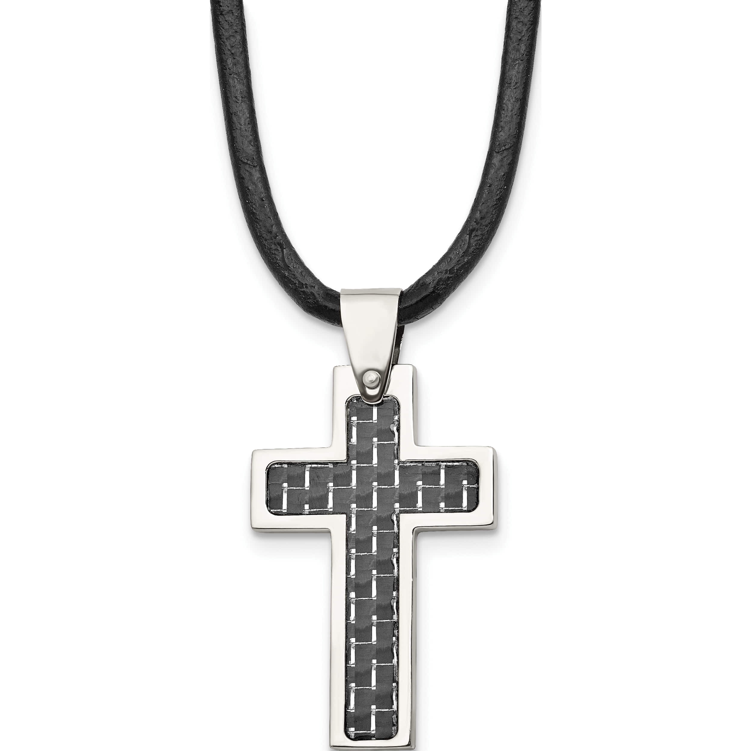 Stainless Steel Black Carbon Fiber Inlay Cross 18In Leather Cord Necklace (18 X 20) Made In China srn344-18