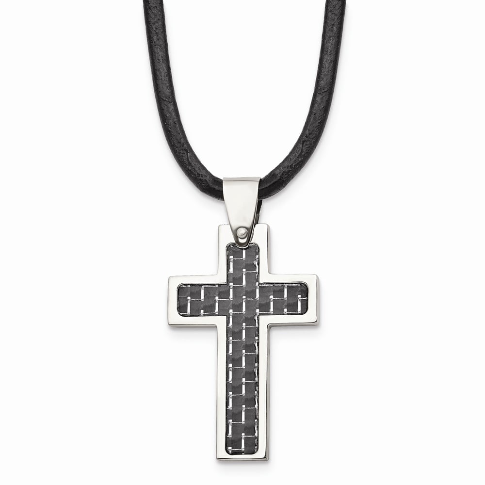 Stainless Steel Black Carbon Fiber Inlay Cross 18in Leather Cord Necklace; 18 inch; for Adults and Teens; for Women and Men