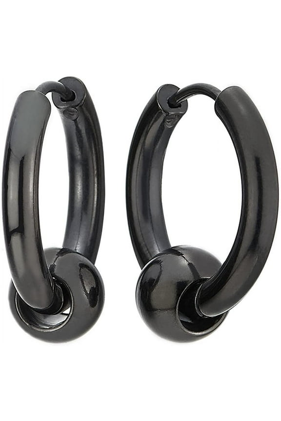 Stainless Steel Black Circle Beads Hinged Hoop Earrings for Men Women, 2pcs