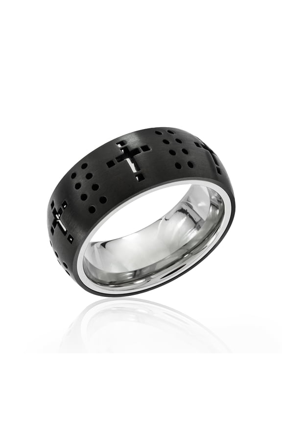 Stainless Steel Black Cross Cutout Comfort Fit Band Ring - Faith Jewelry for Men or Women