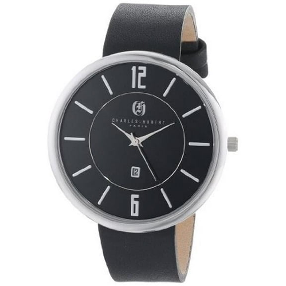Stainless Steel Black Dial Round Quartz Watch - Black - 42