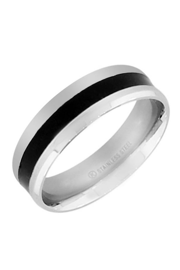 Stainless Steel Black Enamel Silver-Tone Polished Ring Band - Size 10