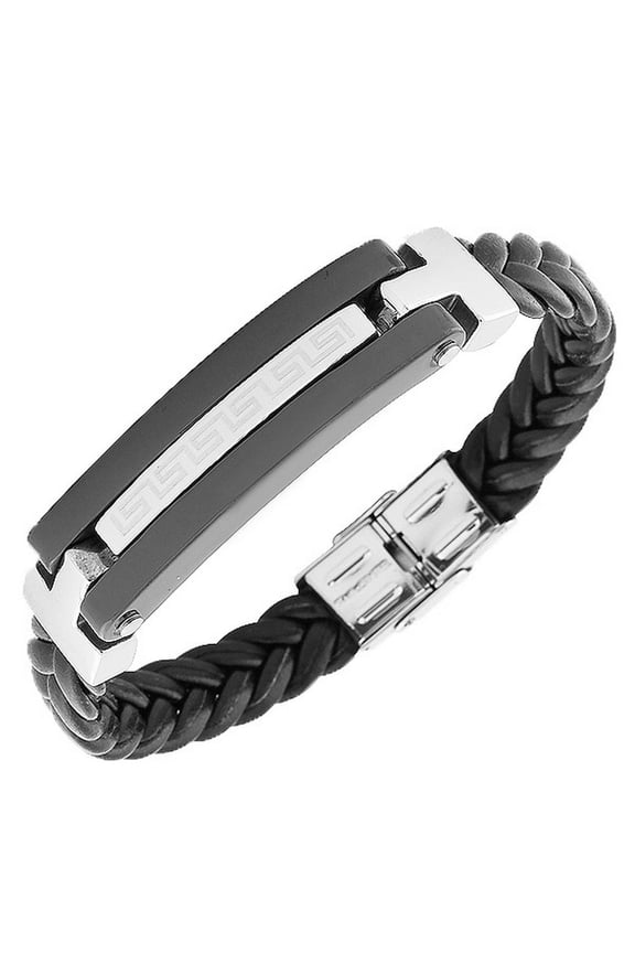 Stainless Steel Black Faux PU Leather Silver-Tone Braided Greek Key Men's Bracelet