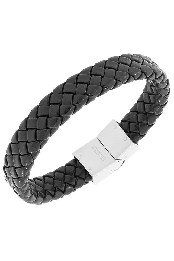 Stainless Steel Black Faux PU Leather Silver-Tone Wristband Men's Bracelet