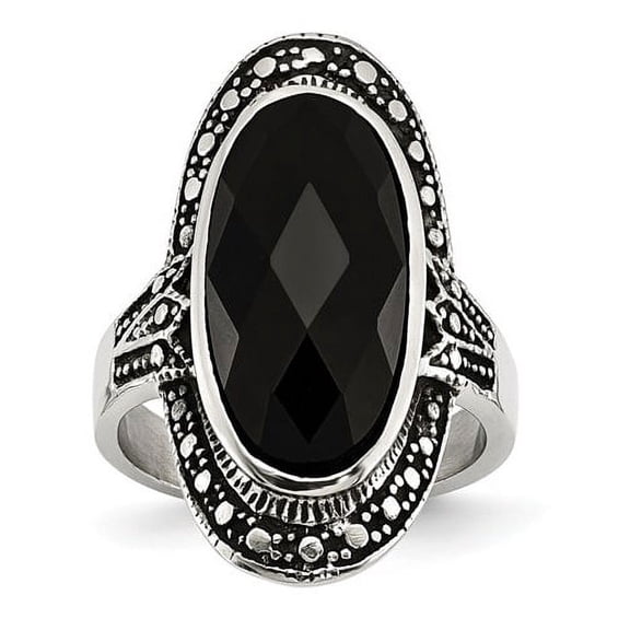 Stainless Steel Black Glass Antiqued Ring