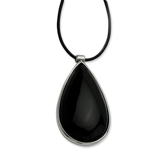Stainless Steel Black Glass Teardrop Pendant 20 With 1.5inch Ext Necklace - 20 Inch