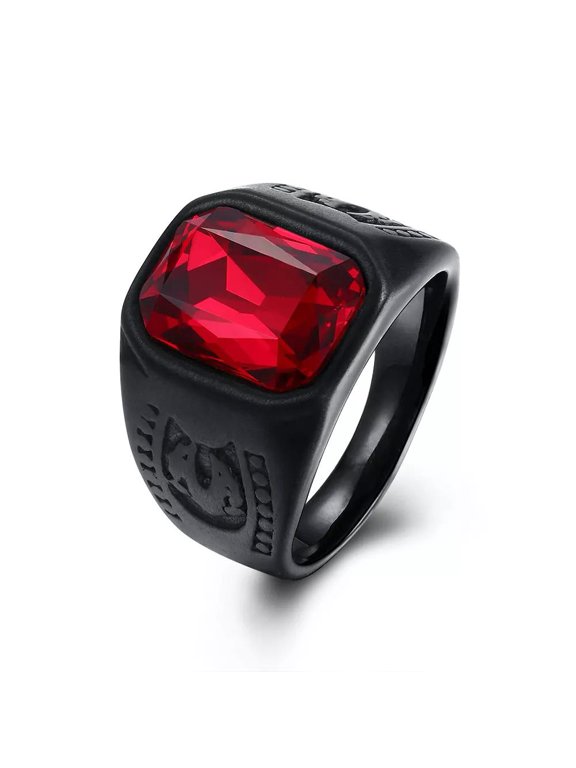 Stainless Steel Black Gun Ring Mens Red Black Stone B550