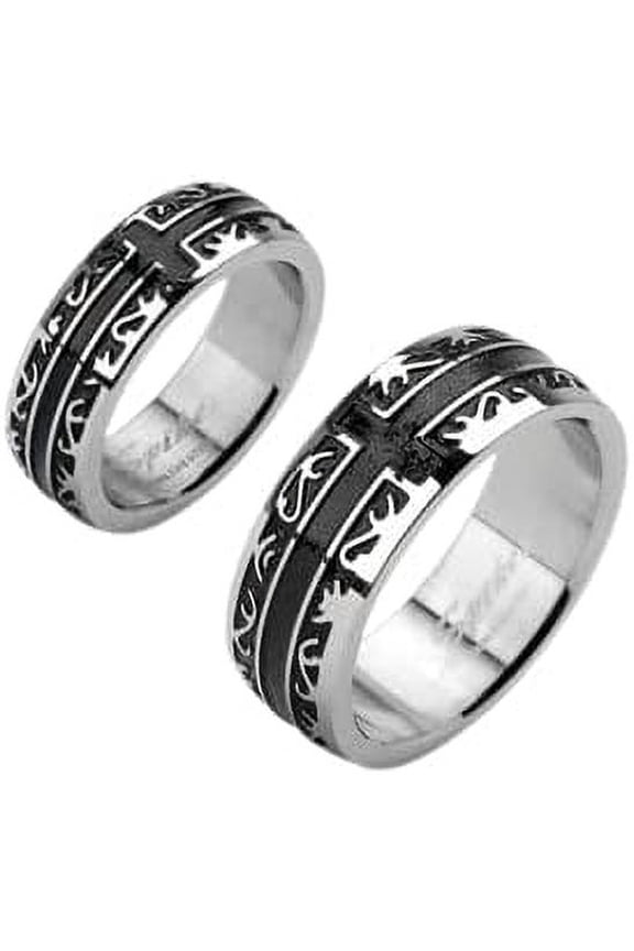 Stainless Steel Black IP Tribal with a Cross Ring Size 10