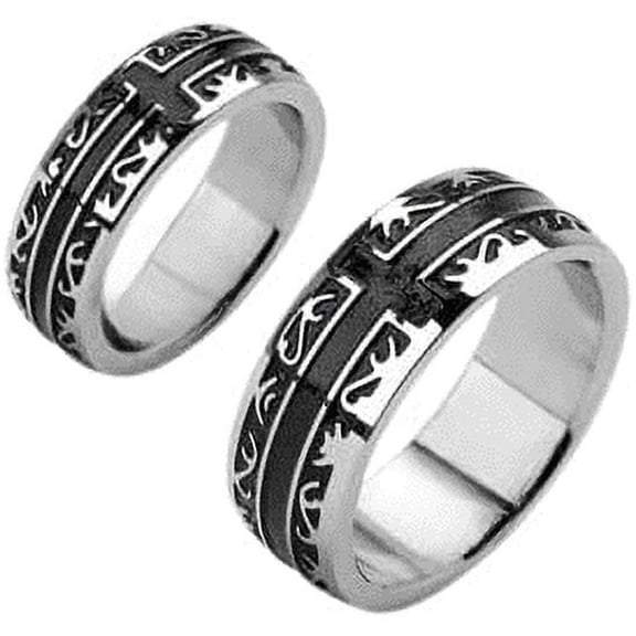 Stainless Steel Black IP Tribal with a Cross Ring Size 11