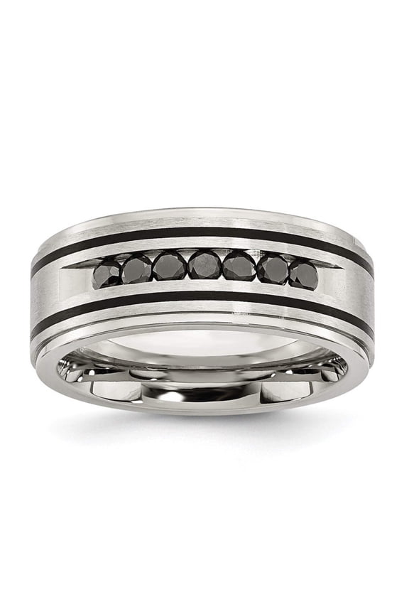 Stainless Steel Brushed Polished Black Plated and Black Diamonds Ring Size 8.5 - Ring for Women