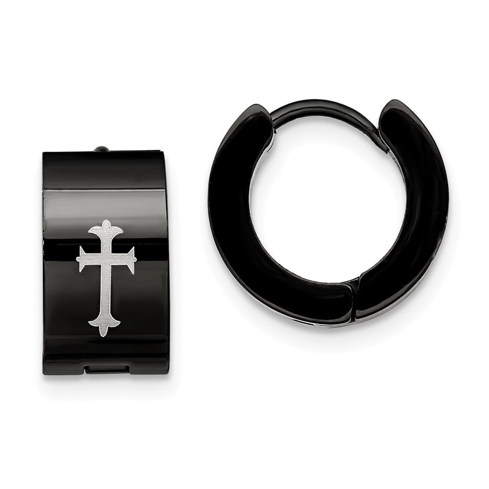 Stainless Steel Black IP-plated Round Hinged Hoop With Cross