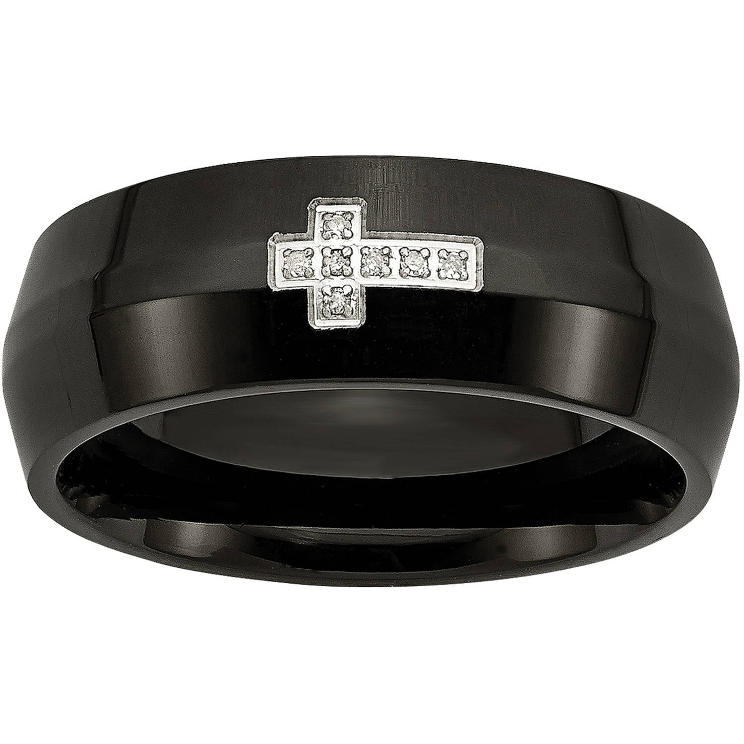 Stainless Steel Black IP-plated w/Diamond Cross Ring