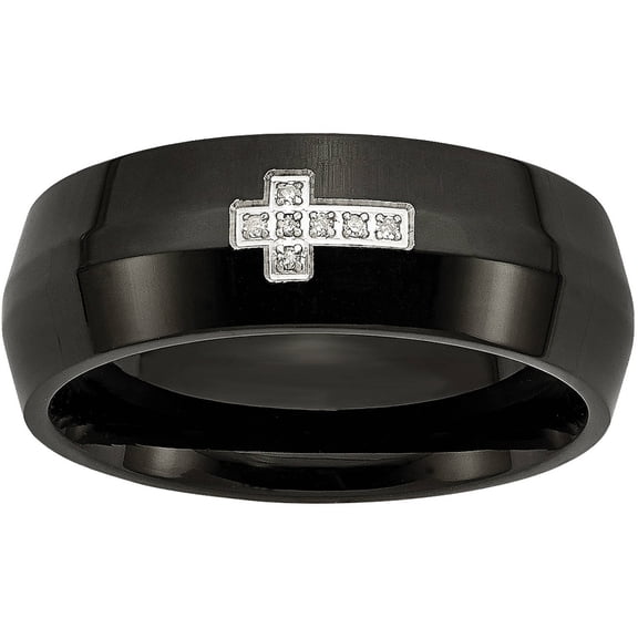 Stainless Steel Black IP-plated w/Diamond Cross Ring