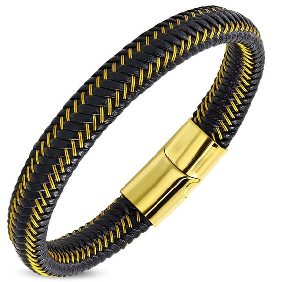 Stainless Steel Black Leather Braided Wristband Bracelet, 8"