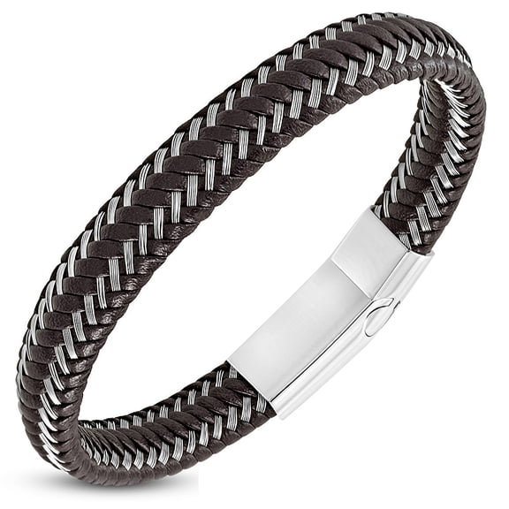 Stainless Steel Black Leather Braided Wristband Bracelet, 8"