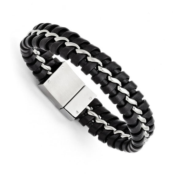 Stainless Steel Black Leather Brushed and Polished Bracelet - 9 Inch - Measures 16mm Wide