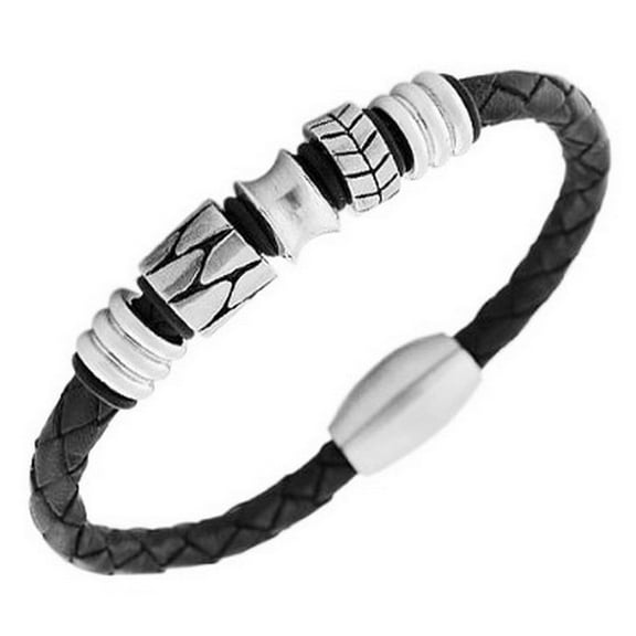 Stainless Steel Black Leather Silver-Tone Braided Men's Bracelet