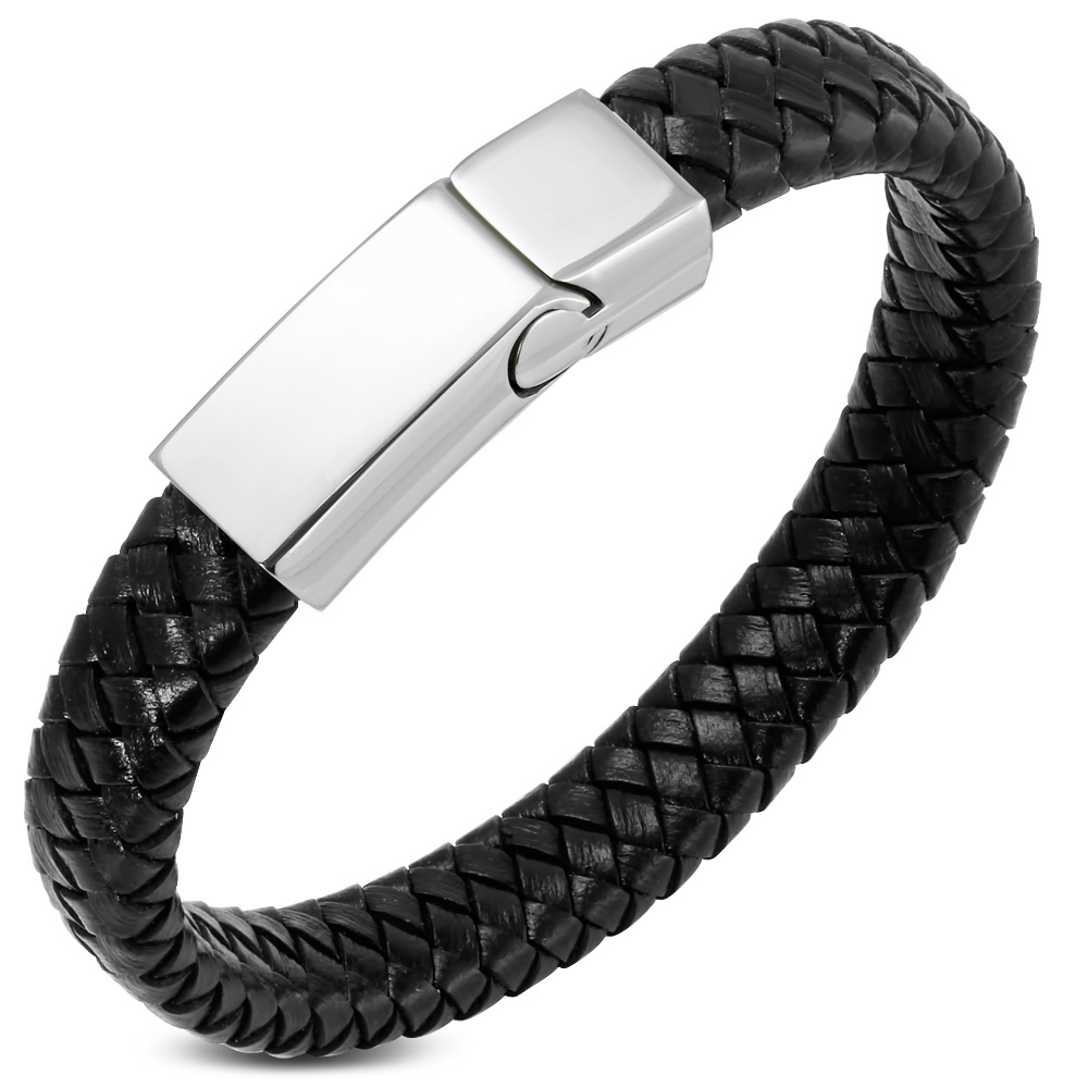 Stainless Steel Black Leather Silver-Tone Braided Mens Wristband ...