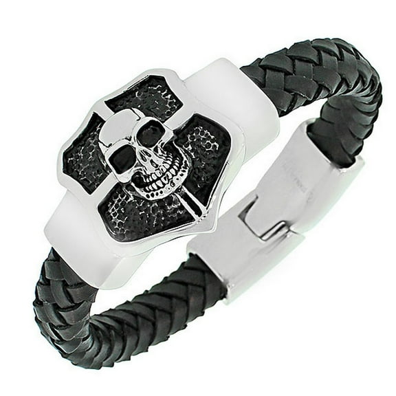 Stainless Steel Black Leather Silver-Tone Skull Men's Bracelet
