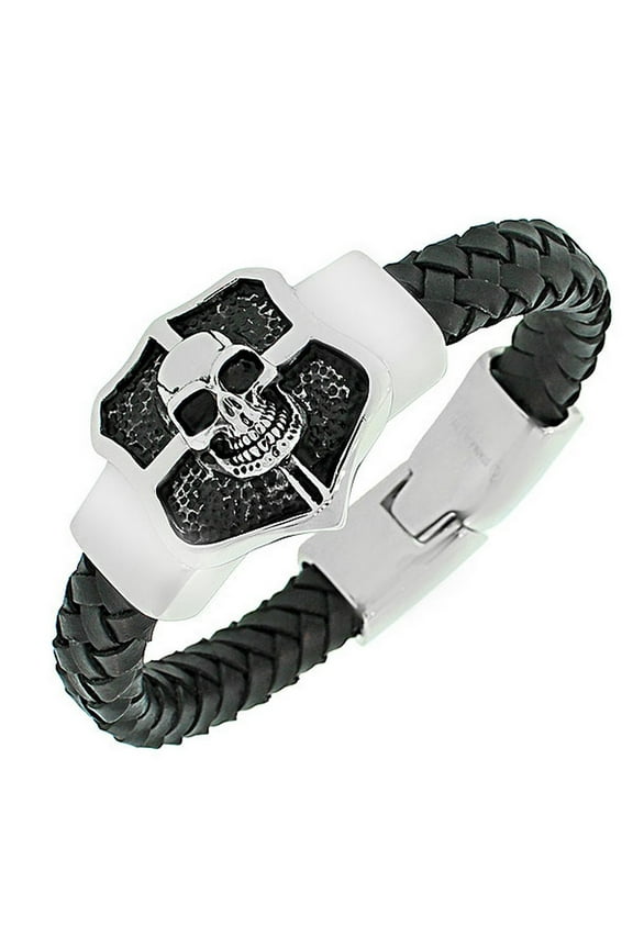 Stainless Steel Black Leather Silver-Tone Skull Men's Bracelet