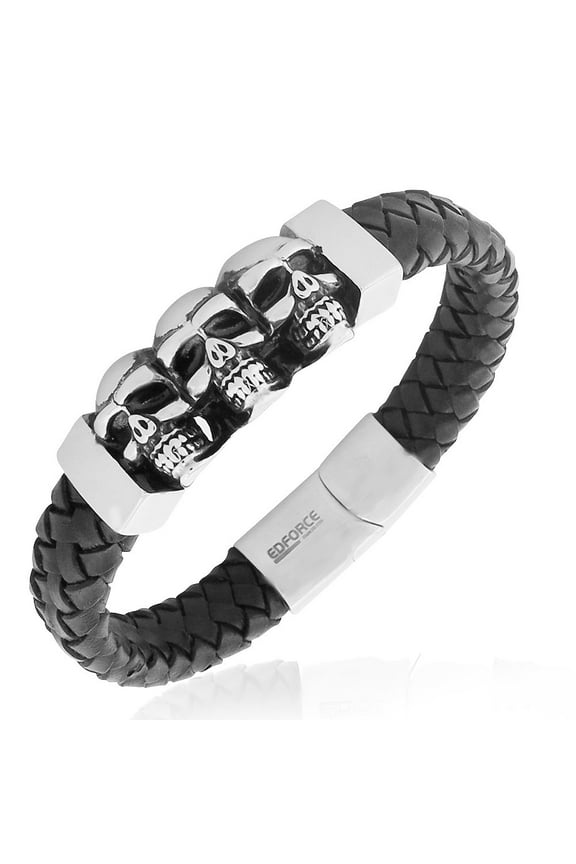Stainless Steel Black Leather Silver-Tone Skull Mens Wristband Bracelet, 8