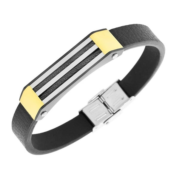 Stainless Steel Black Leather Two-Tone Twisted Cable Rope Men's Bracelet