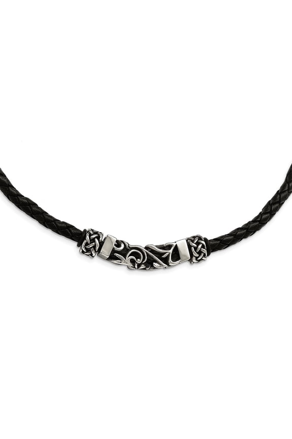Stainless Steel Black Leather With Antiqued Beads 19.75in Necklace; 19.75 inch; for Adults and Teens; for Women and Men