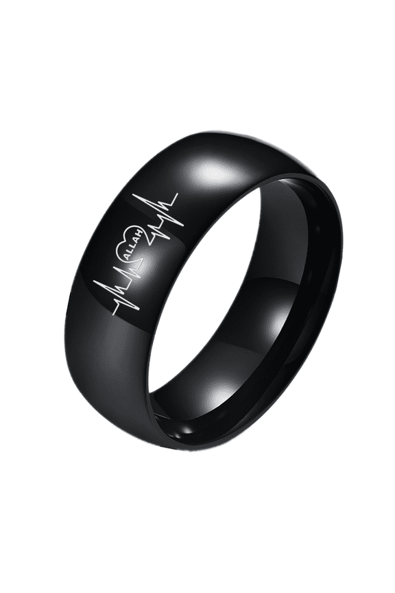 Stainless Steel Black Plating Man Allah Heartbeat Ring for Islamic Muslim Faith Plain Band Islam Jewelry for Men Women, Size 7