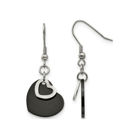 Gem & Harmony Stainless Steel Black Polished Heart Post Dangle Earrings