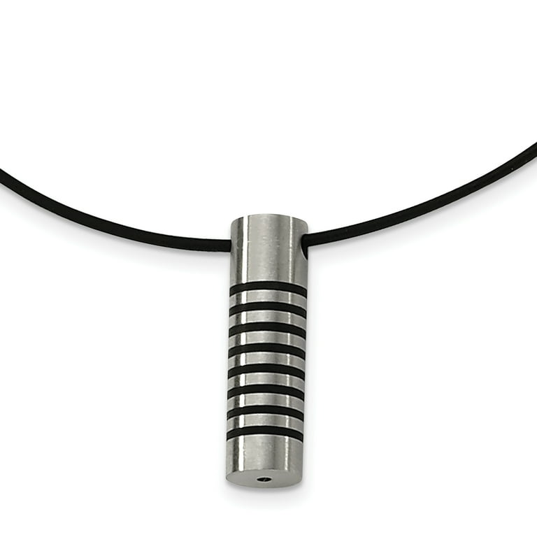 Stainless Steel Black Rubber Accent Leather Cord Necklace